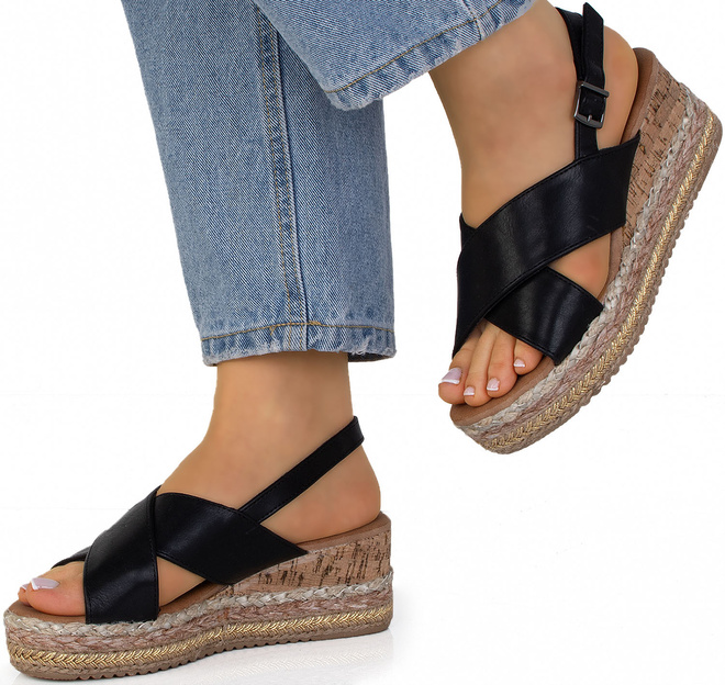 CZARNE SANDAŁY SKÓRZANE NA KOTURNIE ESPADRYLE CARYN 4