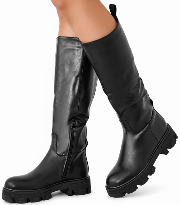 CZARNE BOTKI GLANY WYSOKIE KOZAKI PLATFORMA ELISS 4