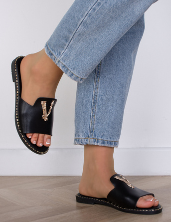 CZARNE DAMSKIE SKÓRZANE KLAPKI ELEGANCKIE OZDOBA FRANKLIN