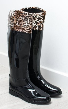 KALOSZE CZARNE WYSOKIE BŁYSZCZĄCE PANTERKA ZOUE