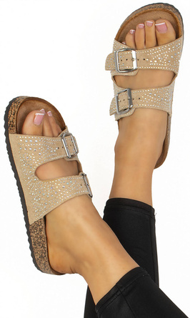 BEŻOWE KLAPKI Z KLAMRAMI KLAMRY CYRKONIE BRISE