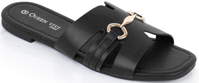 CZARNE DAMSKIE SKÓRZANE KLAPKI ELEGANCKIE OZDOBA OKSANA 1