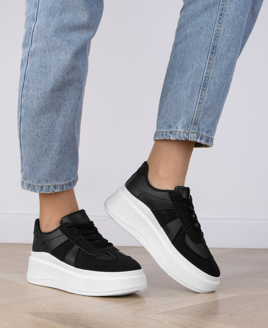 DAMSKIE CZARNE SNEAKERSY TRAMPKI SKÓRZANE FENELA