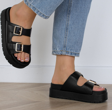 CZARNE KLAPKI KLAMRA SKÓRZANE GRUBA PODESZWA IMELDA