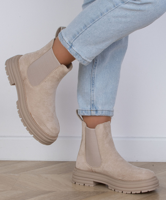 DAMSKIE BEŻOWE ZAMSZOWE BOTKI WSUWANE SZTYBLETY FALL
