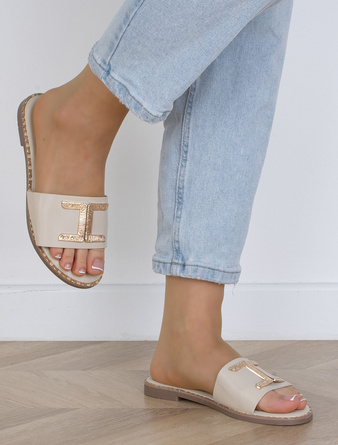 BEŻOWE DAMSKIE SKÓRZANE KLAPKI ELEGANCKIE OZDOBA MARLINE