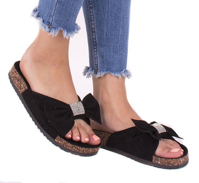 CZARNE ZAMSZOWE KLAPKI Z KOKARDĄ I CYRKONIAMI ANNIE 1