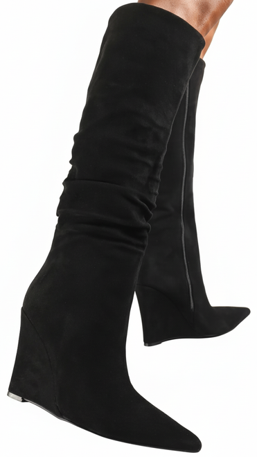 DAMSKIE CZARNE ZAMSZOWE KOZAKI NA KOTURNIE W SZPIC FIONELLA 2