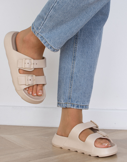 BEŻOWE DAMSKIE KLAPKI WYGODNE NA PLATFORMIE JEREZ