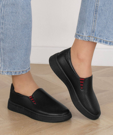 DAMSKIE CZARNE TRAMPKI TENISÓWKI AŻUROWE SLIP ON ELLA