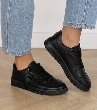 DAMSKIE CZARNE SNEAKERSY TRAMPKI SKÓRZANE SZNUROWANE BIBINA