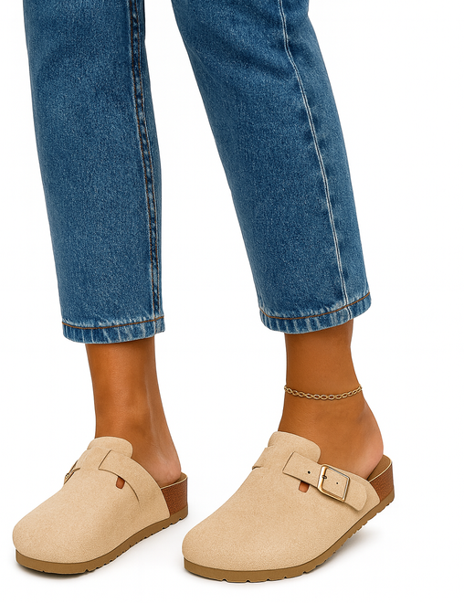 BEŻOWE KLAPKI Z KLAMRAMI ZAMSZOWE NA KORKU MOROKI 4