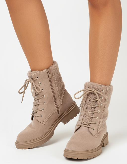 DAMSKIE BEŻOWE ZAMSZOWE BOTKI TRAPERY Z KOŻUSZKIEM TULARA