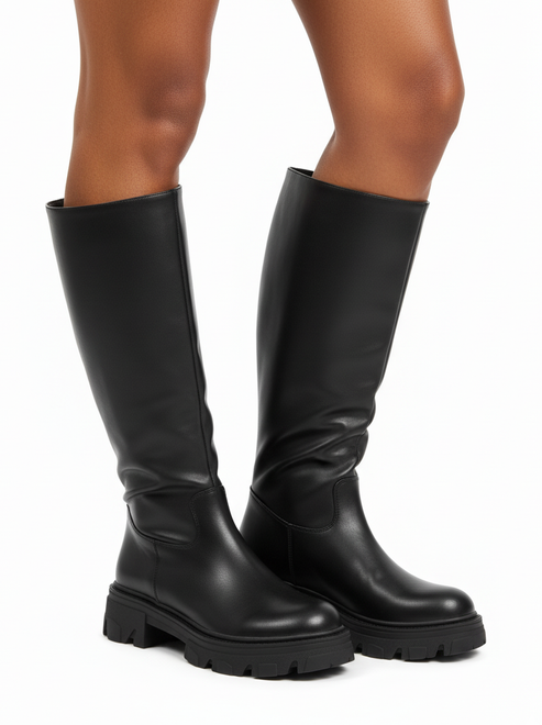 CZARNE DAMSKIE KOZAKI BOTKI SKÓRZANE PLATFORMA WSUWANE 5