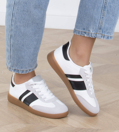 BIAŁE SNEAKERSY TRAMPKI WSTAWKI SKÓRZANE SPORTOWE SANDI