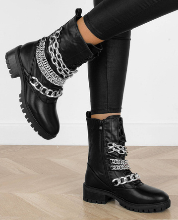 DAMSKIE CZARNE BOTKI GLANY Z ŁAŃCUCHAMI NA PLATFORMIE