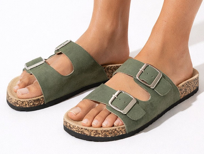 ZIELONE KLAPKI Z KLAMRAMI ZAMSZOWE NA KORKU 4