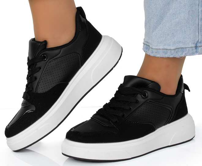 CZARNE TRAMPKI SNEAKERSY NA PLATFORMIE SISAL 4