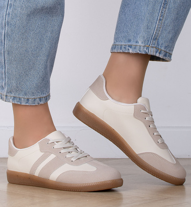 BEŻOWE DAMSKIE SNEAKERSY TRAMPKI SKÓRZANE LAURA