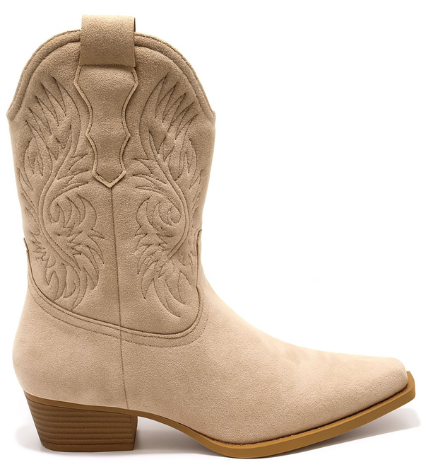 BEŻOWE ZAMSZOWE WYSOKIE KOWBOJKI BOTKI OBCAS ERANI 1