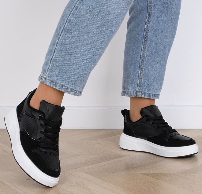 CZARNE TRAMPKI SNEAKERSY NA PLATFORMIE SISAL 6