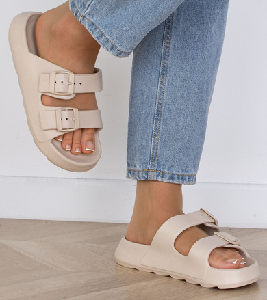 BEŻOWE DAMSKIE KLAPKI WYGODNE NA PLATFORMIE JEREZ