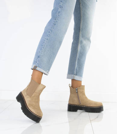 BEŻOWE BOTKI SZTYBLETY ZAMSZ GRUBA PODESZWA MIRI