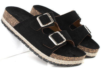 CZARNE ZAMSZOWE KLAPKI NA PLATFORMIE KLAMRY REN