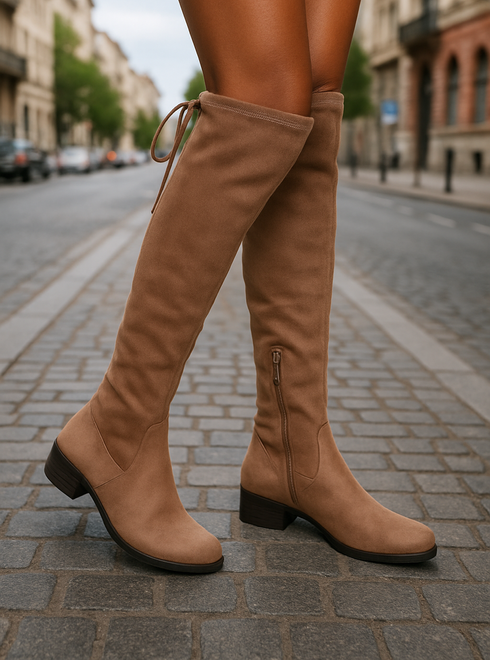 KLASYCZNE BEŻOWE DAMSKIE ZAMSZOWE KOZAKI NA ZAMEK ZIDA