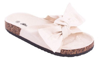 BEŻOWE ZAMSZOWE KLAPKI NA KORKU Z KOKARDĄ CELIA