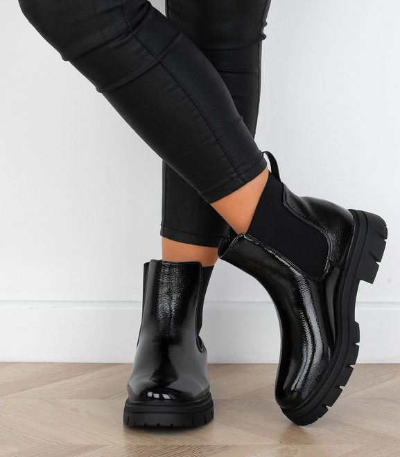 CZARNE DAMSKIE BOTKI LAKIEROWANE PLATFORMA WSUWANE SZTYBLETY CUSHY 7