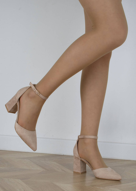 BEŻOWE DAMSKIE ZAMSZOWE CZÓŁENKA NA SŁUPKU SZPIC RAMONA