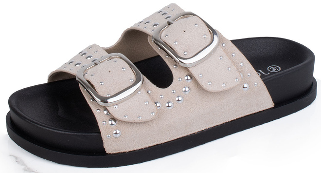 BEŻOWE KLAPKI KLAMRA ZAMSZOWE GRUBA PODESZWA IMELDA 3