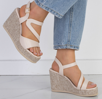 BEŻOWE SANDAŁY SKÓRZANE NA KOTURNIE ESPADRYLE MAFI