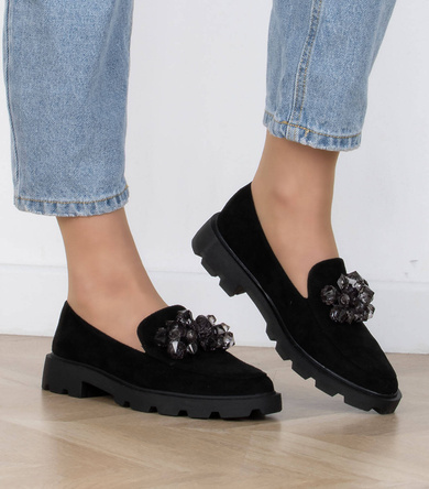 CZARNE MOKASYNY ZAMSZOWE Z KRYSZTAŁKAMI WSUWANE MACI