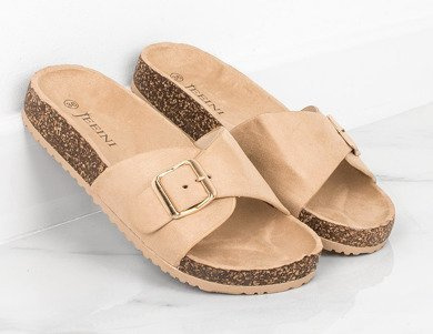 BEŻOWE ZAMSZOWE KLAPKI NA KORKU Z KLAMRĄ ELSIE