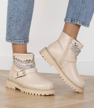 BEŻOWE SKÓRZANE BOTKI Z ŁAŃCUCHAMI KLAMRA DOMI