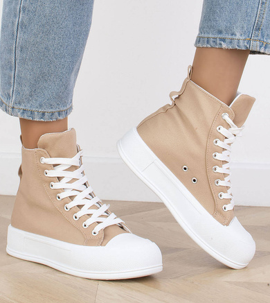 KHAKI BEŻOWE WYSOKIE TRAMPKI NA PLATFORMIE SZNUROWANE LINDA