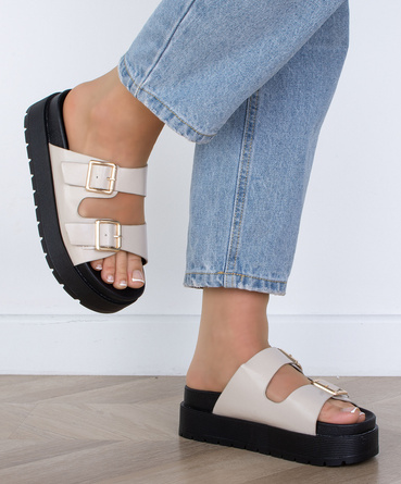 BEŻOWE KLAPKI KLAMRA SKÓRZANE GRUBA PODESZWA IMELDA