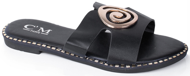 CZARNE DAMSKIE SKÓRZANE KLAPKI ELEGANCKIE OZDOBA DALIA 1