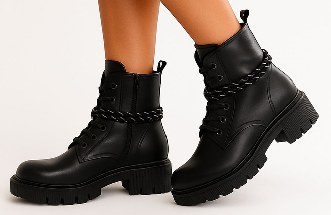 CZARNE SKÓRZANE BOTKI DAMSKIE OCIEPLANE TRAPERY GLANY PALINA 4