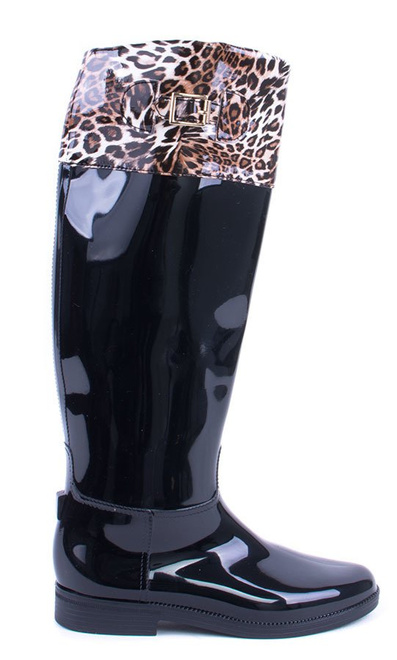 KALOSZE CZARNE WYSOKIE BŁYSZCZĄCE PANTERKA ZOUE 1