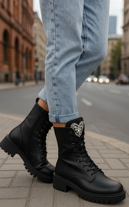 DAMSKIE CZARNE SKÓRZANE BOTKI TRAPERY NA PLATFORMIE GRANDA