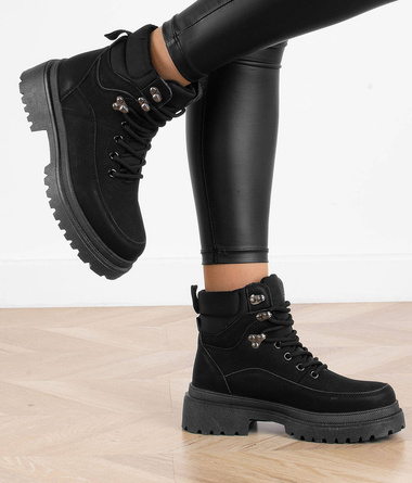 CZARNE DAMSKIE BOTKI ŚNIEGOWCE TRAPERY SZNUROWANE AUBRAY