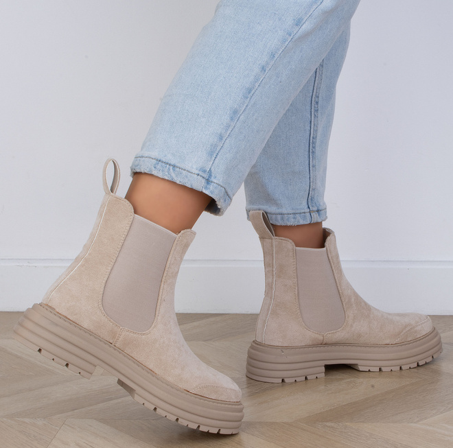 DAMSKIE BEŻOWE ZAMSZOWE BOTKI WSUWANE SZTYBLETY FALL 6