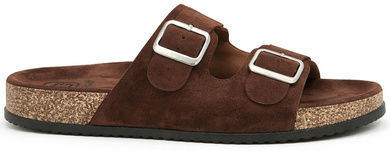 BRĄZOWE KLAPKI Z KLAMRAMI ZAMSZOWE NA KORKU