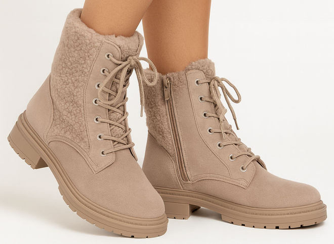DAMSKIE BEŻOWE ZAMSZOWE BOTKI TRAPERY Z KOŻUSZKIEM TULARA 2