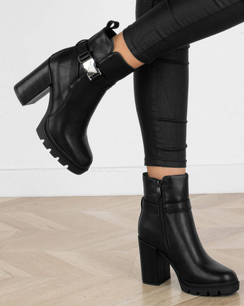 CZARNE DAMSKIE BOTKI NA SŁUPKU SKÓRZANE CAMI