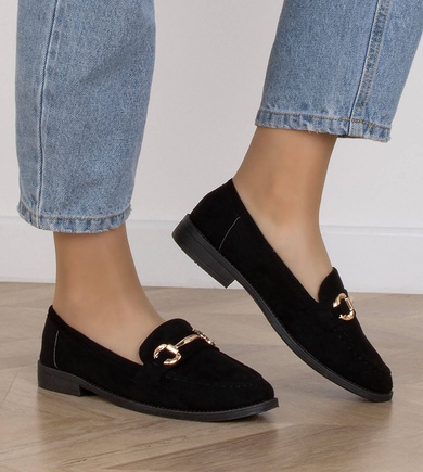 CZARNE MOKASYNY ZAMSZOWE DAMSKIE Z ŁAŃCUSZKIEM BLANKA