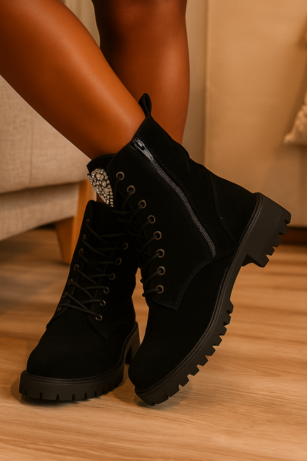 DAMSKIE CZARNE ZAMSZOWE BOTKI TRAPERY NA PLATFORMIE GRANDA